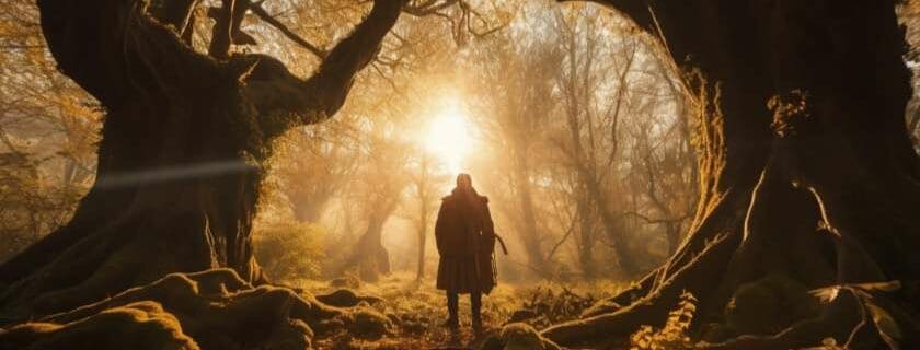 illustration of a man in the forest looking up at the sunrise