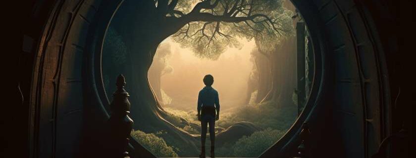 child standing outside of a round window in a forest and when god closes he opens a window