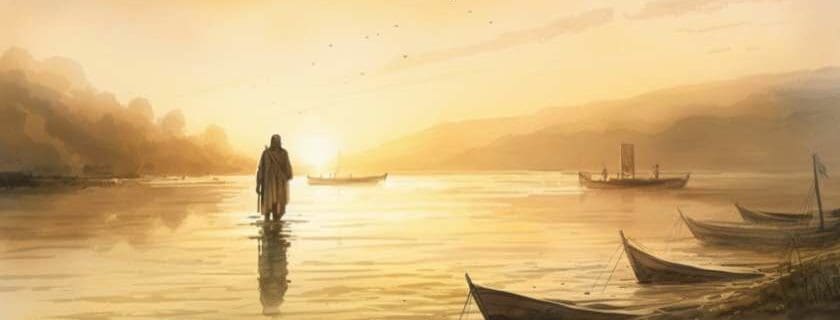 a serene biblical scene depicting Jesus walking on water at sunrise