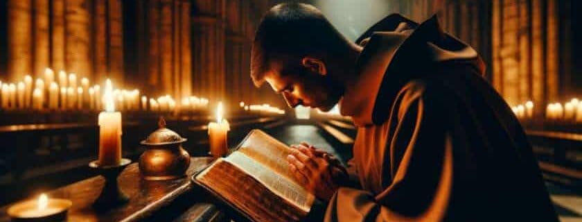 a devoted person immersed in prayer softly turning the pages and seeking God scriptures