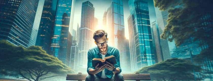 a modern spiritual seeker in an urban environment reading the Bible on a park bench