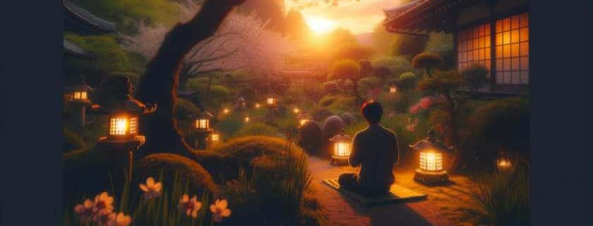 a person engaged in prayer amidst a serene garden at dusk illuminated by lanterns, casting a warm and gentle light