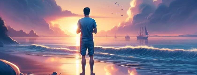a person standing on a tranquil beach, praying for friends battling drug addiction