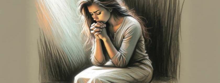 a woman kneeling in prayer with a mix of hope and desperation for her husband's recovery from addiction