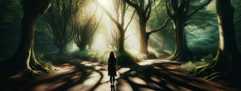 a woman standing at the crossroads of two divergent paths in a mystical forest illuminated by dappled sunlight