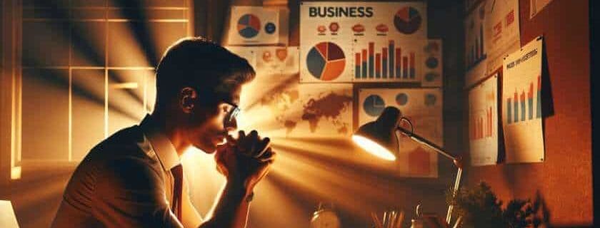 an individual in a home office bathed in the warm glow of a desk lamp with eyes closed in earnest prayers for business success