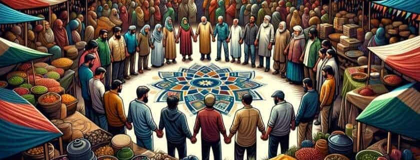 an open-air marketplace where small business owners are joining hands in a prayer circle