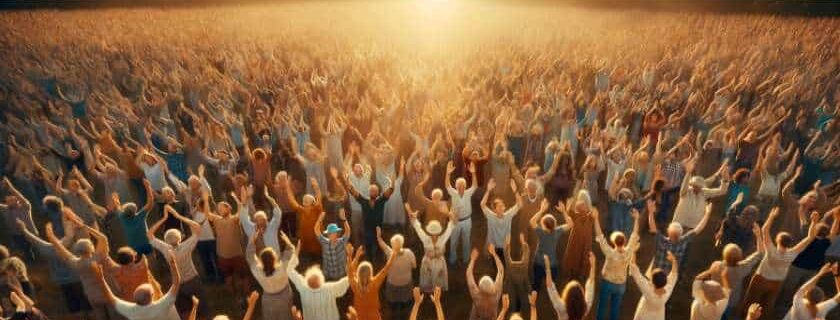 people of various ages and backgrounds join together in an open field