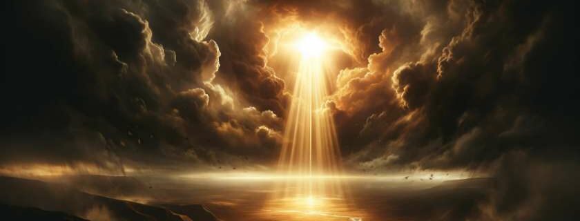 radiant light breaking through storm clouds above casting a warm, illuminating glow