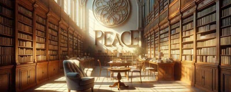 word 'peace' in a quiet, sunlit library setting, showcasing the beauty and serenity of a peaceful reading environment