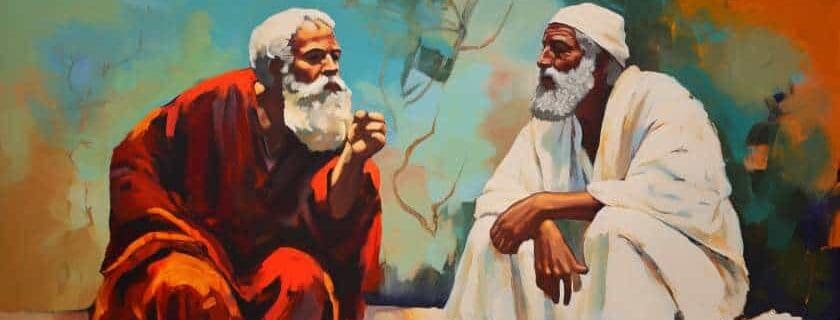 man in red talking to a man in white robe and jacob wrestles with god