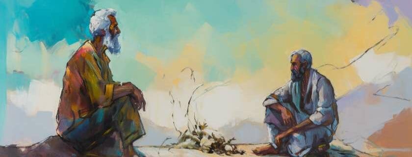 two men talking over a bonfire and jacob wrestles with god