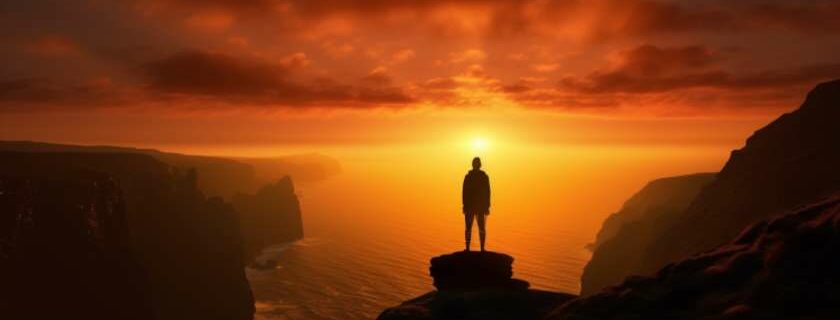 At the edge of a windswept cliff, a lone figure stands silhouetted against the fiery hues of the setting sun