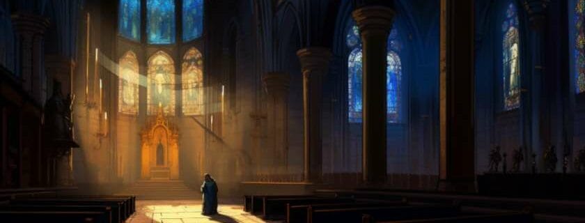 In the dimly lit cathedral, a lone figure kneels, hands clasped in fervent prayer, seeking solace and guidance