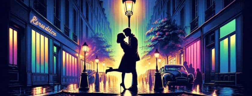Two lovers caught in a passionate embrace under the soft glow of a streetlamp on a rainy Parisian night