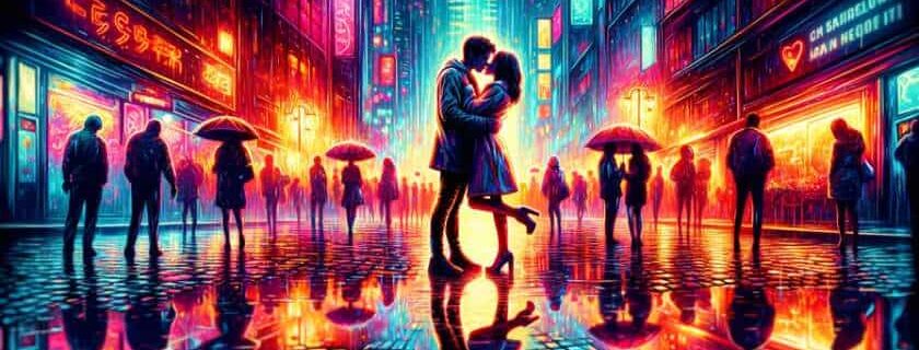 a couple sharing a stolen moment in a bustling city square