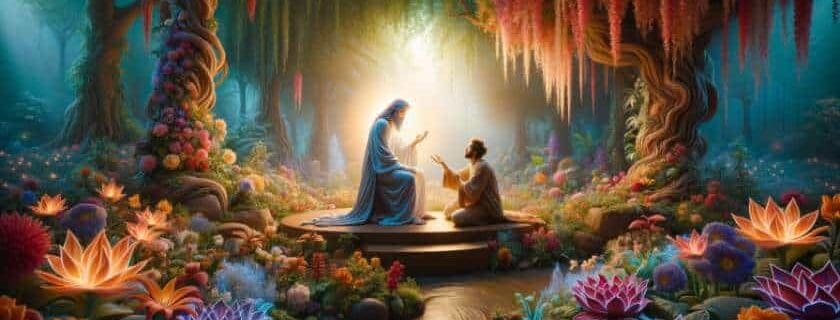 a devoted worshiper meeting God in a garden
