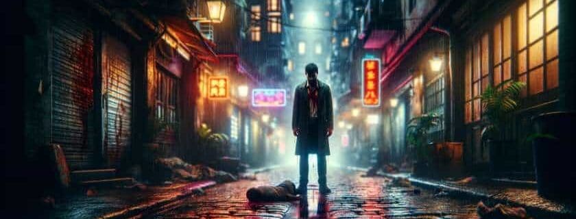 a haunting depiction of iniquity represented by a lone figure in a dimly lit alley
