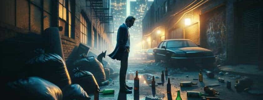 a man in his prime, battling alcoholism, standing in a desolate urban alley surrounded discarded bottles
