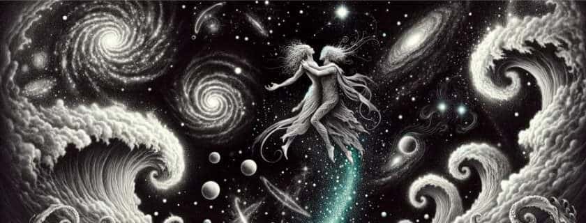 a pair of mythical beings entwined in a dance of desire on the ethereal surface of a celestial comet