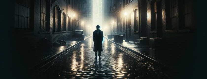 a solitary figure standing in the stark alleyways of an urban landscape