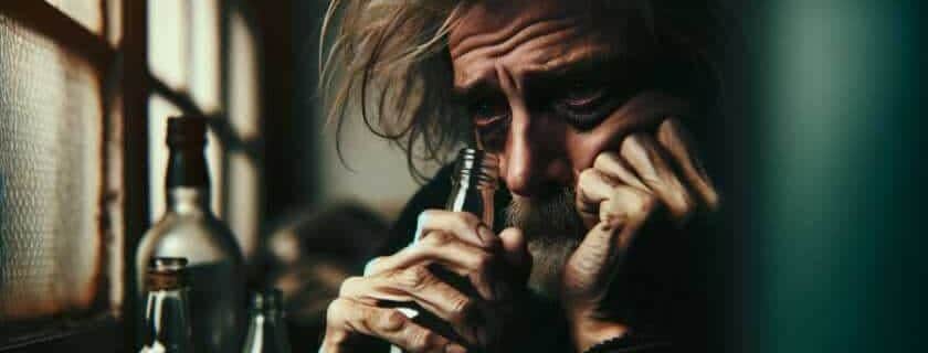a troubled middle-aged man with disheveled hair and bloodshot eyes, tightly gripping an empty whiskey bottle