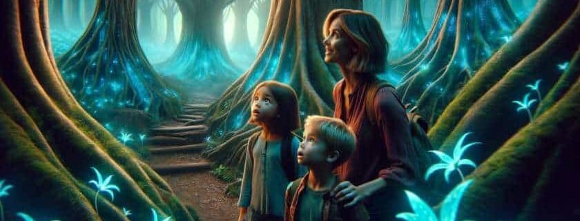 a watchful mother overseeing her curious children as they explore a mystical forest with towering trees and bioluminescent leaves