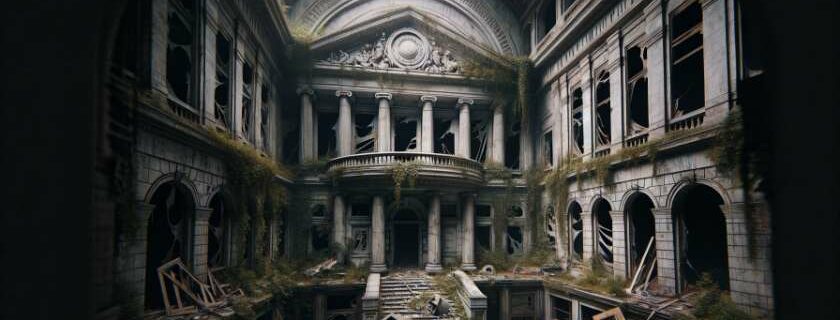 an abandoned courthouse in a decaying city