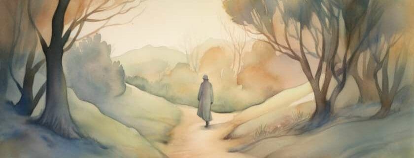 A watercolor depiction of a solitary figure walking along a winding path, reflecting on life's purpose