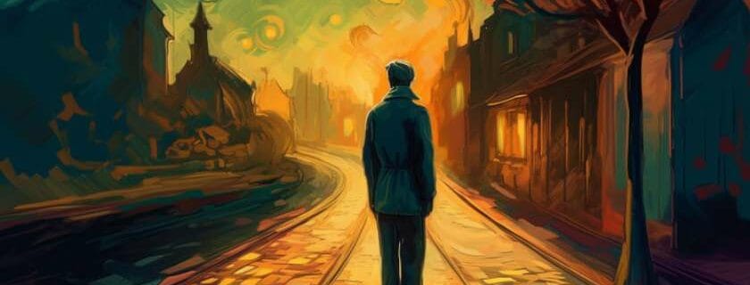 An illustration of a person standing at a crossroad, pondering life's purpose