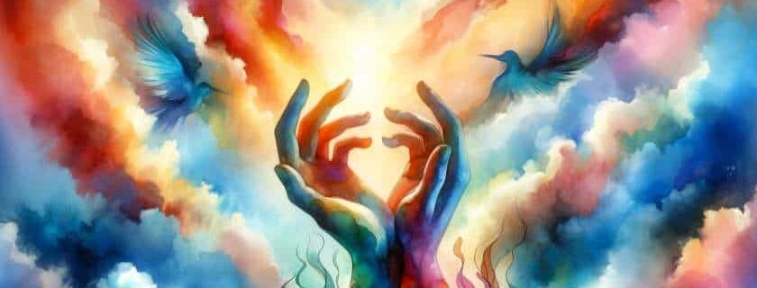 A watercolor illustration depicting hands reaching towards the sky in a gesture of surrender