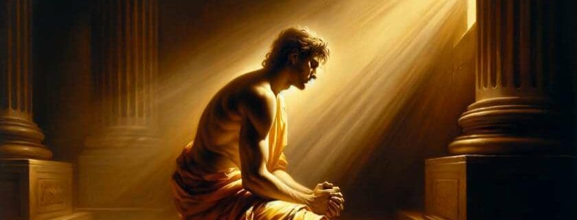 An oil painting of a person kneeling in prayer, bathed in golden light