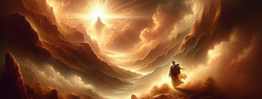 An illustration that captures the essence of a spiritual journey, depicting a pilgrim traveling through a mystical landscape towards a radiant divine light