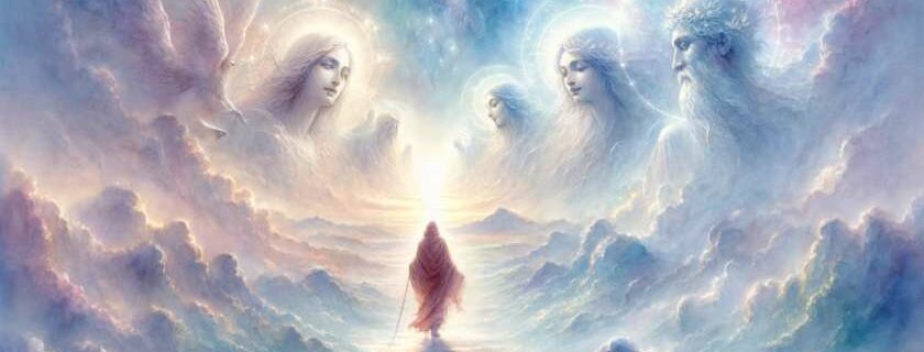 A watercolor depiction that beautifully illustrates the concept of walking with God, featuring divine figures leading a pilgrim across heavenly landscape