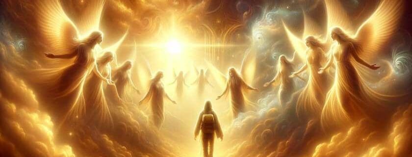 An illustration that captures the profound experience of walking with God, portraying a traveler being guided by ethereal beings through celestial realm