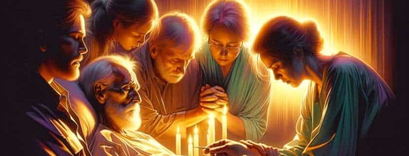 A digital illustration capturing a poignant moment of prayer for the dying, showcasing emotive expressions that convey a complex mix of emotions.