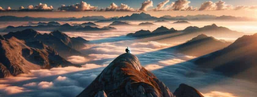 Perched on the summit of a majestic peak, a lone hiker gazes out over a vast sea of clouds