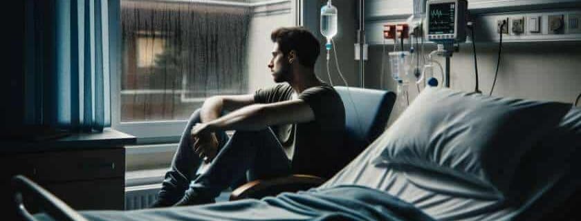 a person seated by a window in a dimly lit hospital room, staring outside, raindrops sliding down the window pane