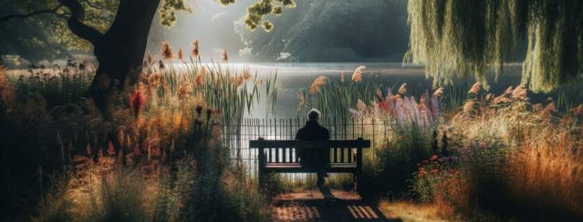 a person sitting on a weathered bench by a tranquil lakeside, surrounded by tall, swaying reeds and colorful wildflowers