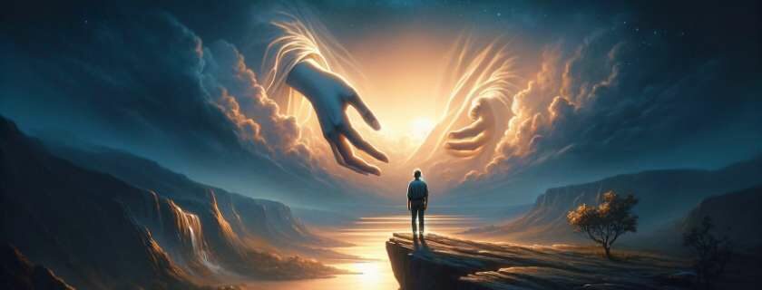 a serene scene where a divine presence offers protection and hope to a person in a moment of deep contemplation