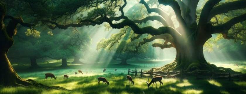 a tranquil meadow scene, with deer grazing under the shade of ancient oak trees and sunlight