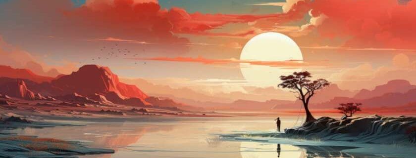 an illustration of a solitary figure standing at the edge of a vast, serene landscape, contemplating existence