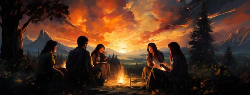 an oil painting depicting a group of diverse individuals sharing stories around a bonfire under a starry sky