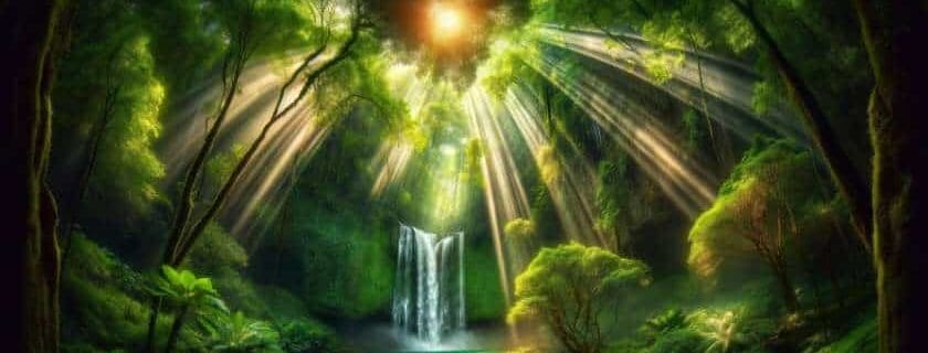 lush, verdant forest, with shafts of sunlight piercing through the dense canopy above