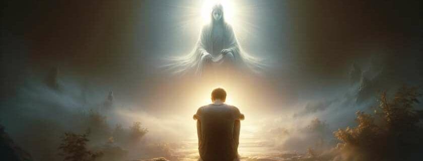 the serene and ethereal landscape where a divine presence offers comfort and support to a person in a moment of vulnerability