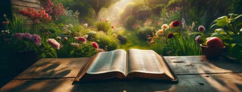 an open bible in the garden and favor of god scriptures