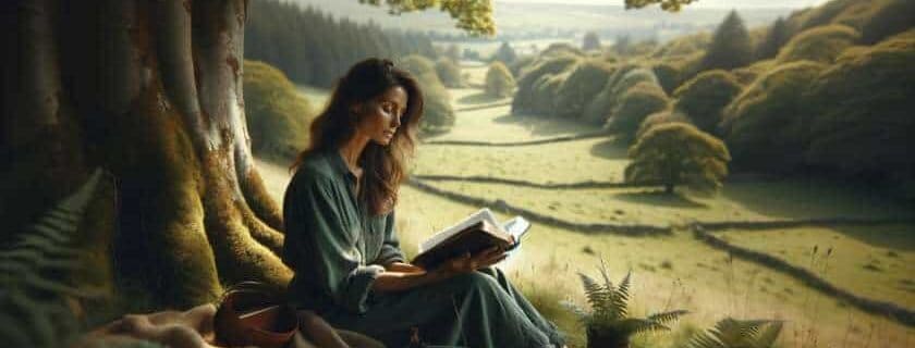 woman reading the bible under a tree and favor of god scriptures