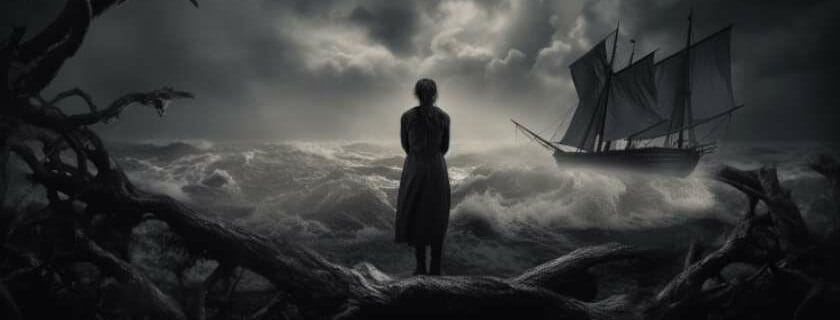 A girl standing at the shore while big waves are approaching