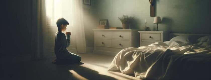 a child kneeling in bed during an early morning prayer, the room is bathed in soft morning light