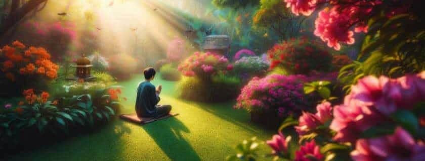 a person praying in a serene garden, sitting on lush green grass, surrounded by vibrant flowers in full bloom